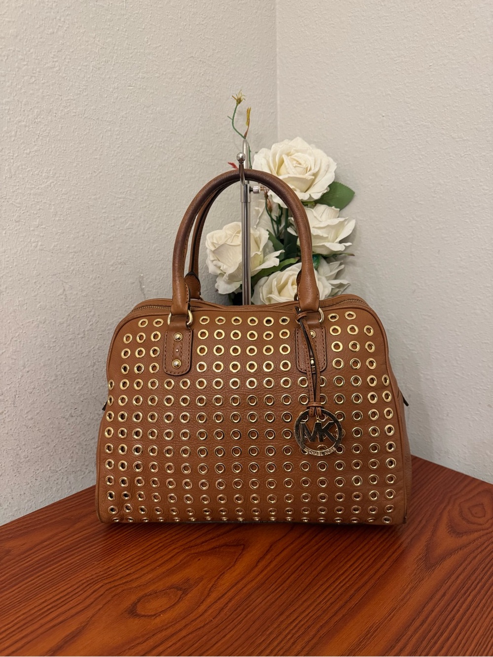 Michael Kors Brown Leather Dome Satchel with Gold Eyelets